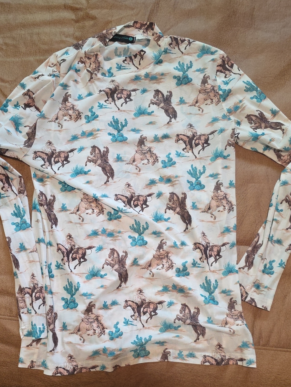 Womens Mesh Long Sleeve Cowboy & Cactus Print Shirt - White/Turquoise